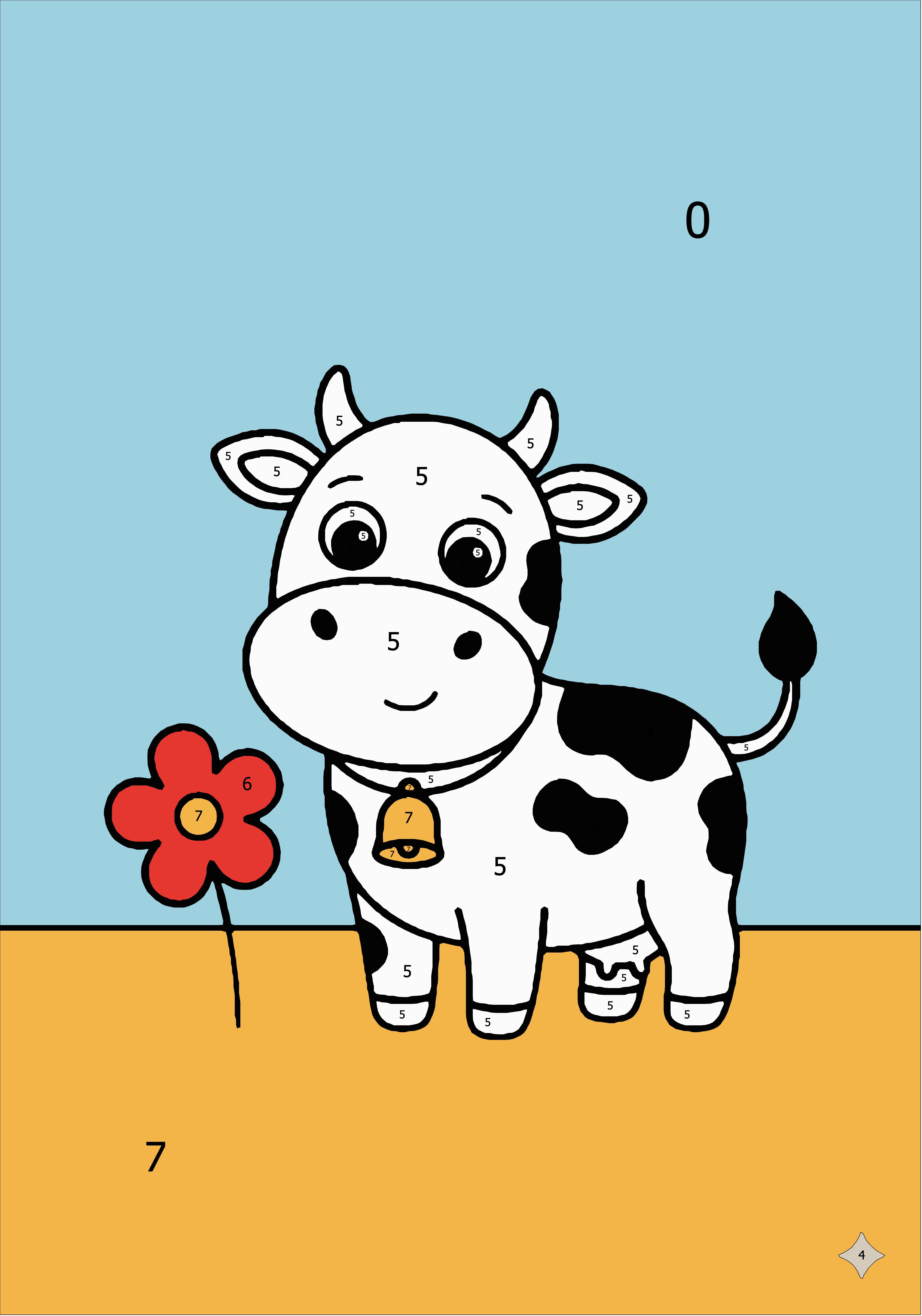Cute cartoon cow on grass with a single red flower coloring page